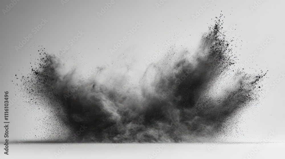 Poster Black powder dust explosion creating dynamic splashes and clouds on a clean white surface, conveying motion and energy, abstract texture, artistic effect, high contrast, creative visual.