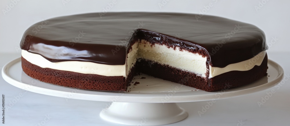 Aufkleber chocolate and vanilla layered cake with glossy ganache and a slice removed showcasing the creamy int