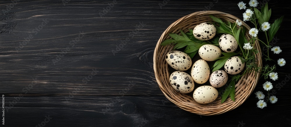 Poster easter eggs in a basket surrounded by flowers on a rustic wooden table conveying a festive spring at