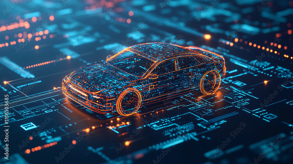 Poster a cybernetic car icon made from circuits and data nodes, set against a backdrop of flowing online da