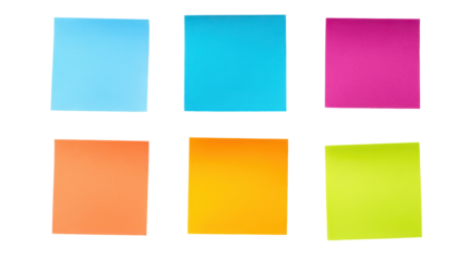 A grid of six colorful sticky notes in blue, pink, orange, yellow, and green, often used for reminders or organization.