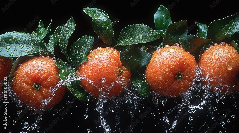 Poster fresh mandarins with vibrant green leaves and glistening water droplets on a dark background creatin