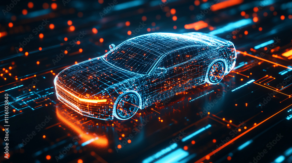 Poster a cybernetic car icon made from circuits and data nodes, set against a backdrop of flowing online da