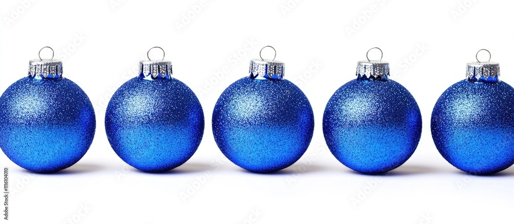 Poster blue christmas ornaments with silver caps arranged in a row on a clean white background creating a f