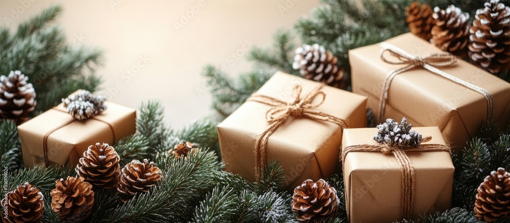 Poster christmas gift boxes adorned with coniferous branches and pine cones on a soft neutral backdrop for 
