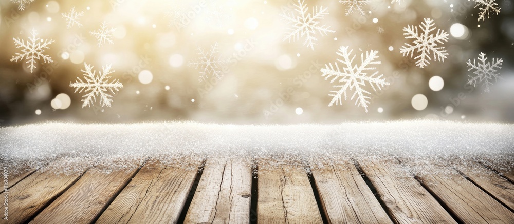 Poster Glowing snowflakes and bokeh lights on a festive backdrop with a rustic wooden table perfect for Christmas themed designs and decorations