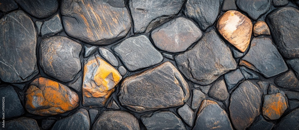Poster aerial view of textured black stone beach showcasing geometric patterns and natural hues along the c