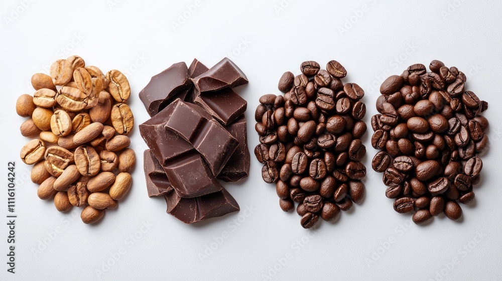 Poster cocoa chocolate and coffee beans arranged on a white background showcasing a variety of textures and
