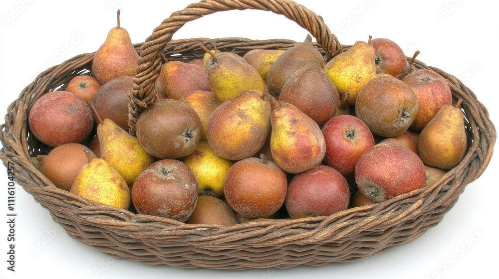 Aufkleber Assorted apples and pears in a rustic woven basket on a white background with space for custom text or branding elements