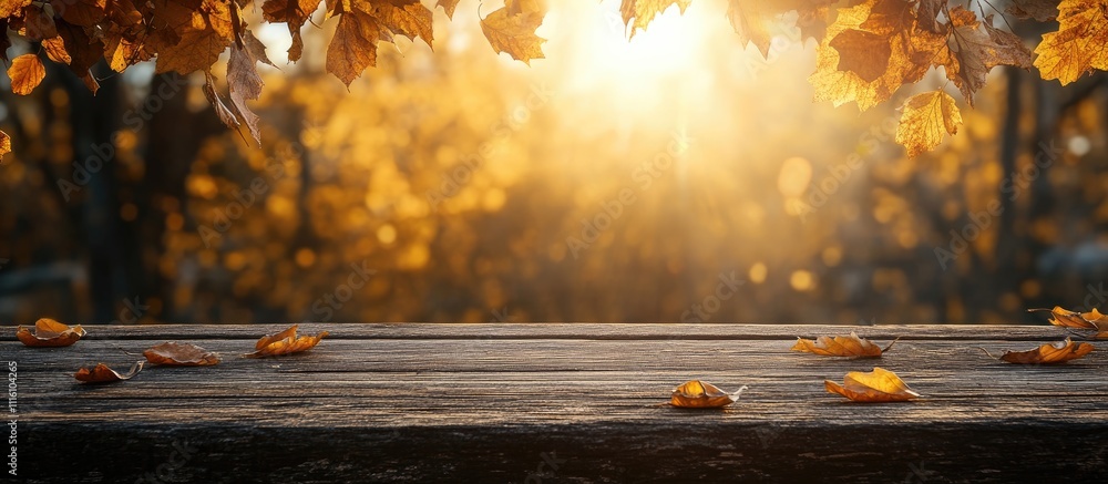 Aufkleber Golden bokeh background with a rustic wooden table surrounded by autumn leaves and soft sunlight creating a warm atmosphere