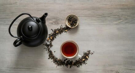 Tranquil tea time with black teapot loose leaves