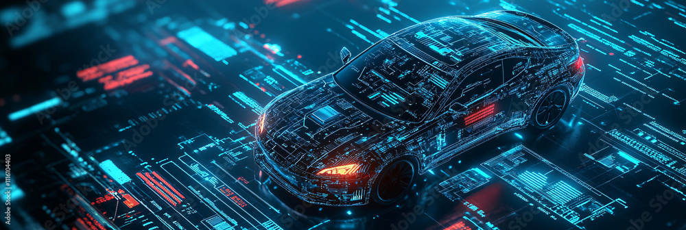 Poster a cybernetic car icon made from circuits and data nodes, set against a backdrop of flowing online da
