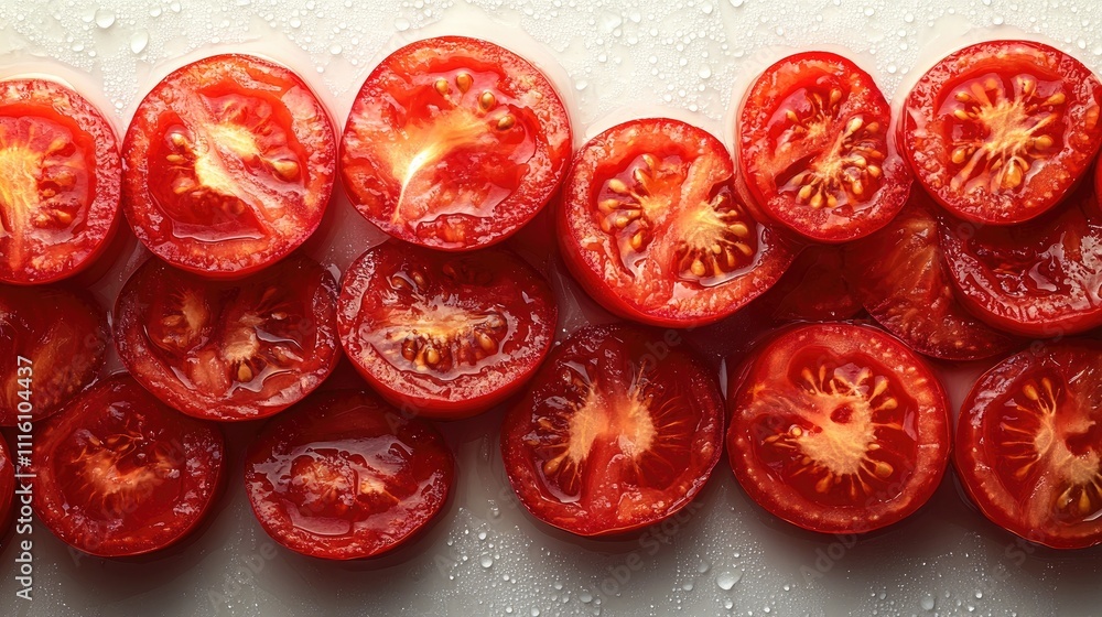 Poster sliced ripe tomatoes arranged in a row on a clean white background showcasing vibrant red color and 