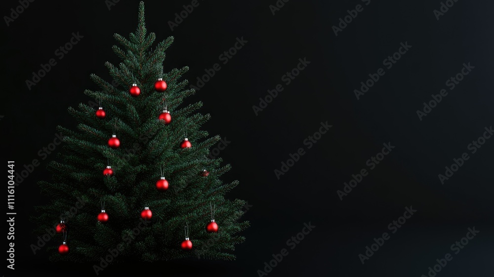 Poster elegant christmas tree adorned with red ornaments against a clean black background creating a festiv