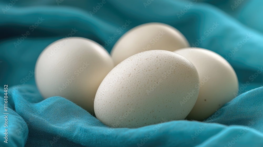 Aufkleber fresh chicken eggs arranged on vibrant blue cloth creating a rustic and vibrant food photography bac