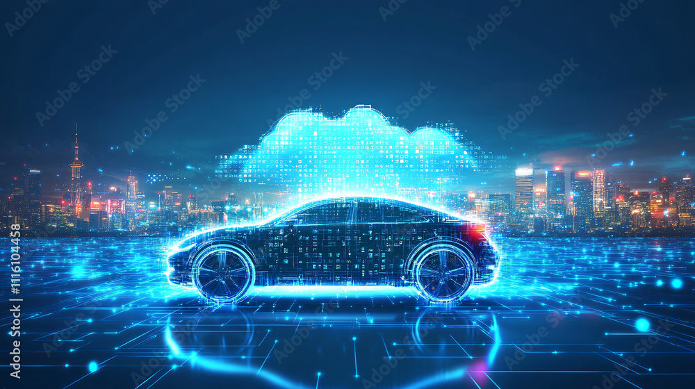 Poster a cybernetic car icon with a futuristic city skyline in the background, connected to a web of data c