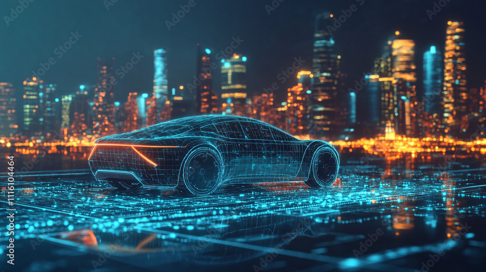 Poster a cybernetic car icon with a futuristic city skyline in the background, connected to a web of data c