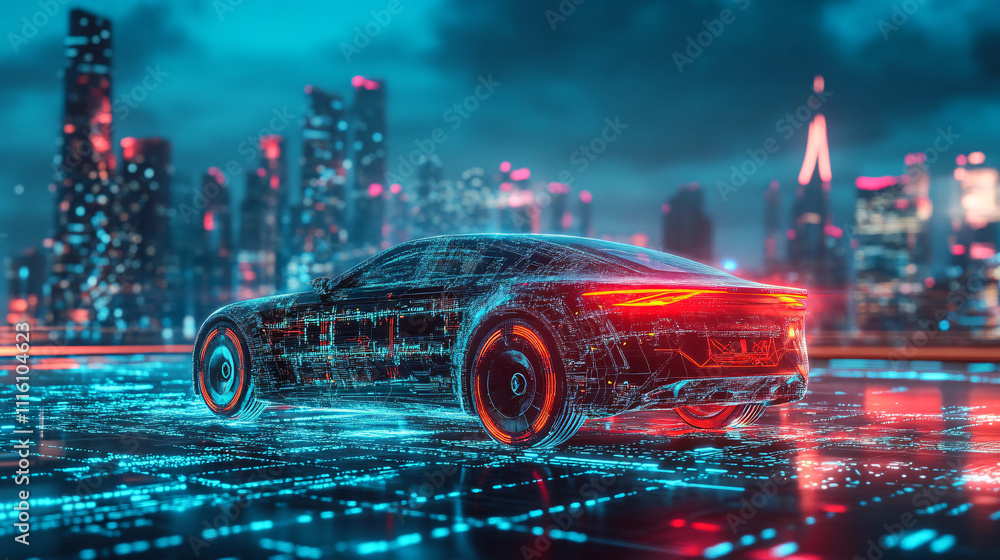 Poster a cybernetic car icon with a futuristic city skyline in the background, connected to a web of data c