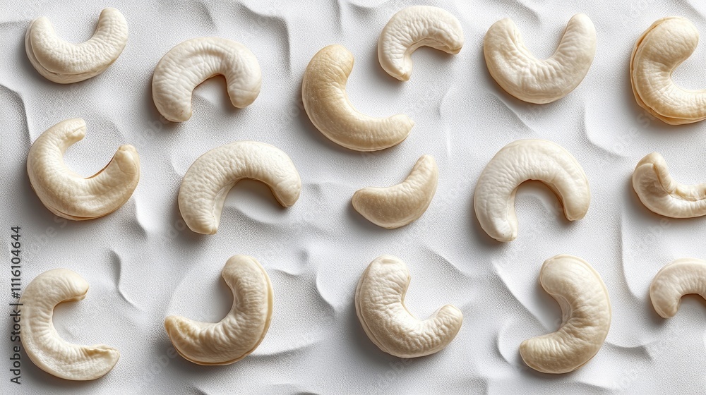 Poster cashew nuts arranged artistically on textured white background showcasing their unique shape and col