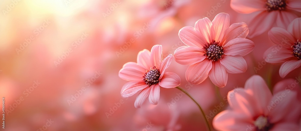 Poster pink gerbera flowers with sunlight casting shadows on blank paper sheets creating a vibrant business