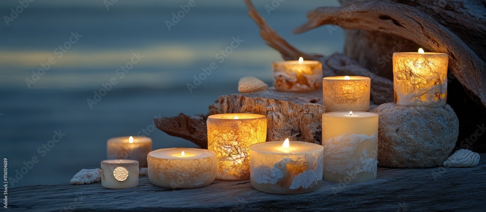 Aufkleber candle arrangement on rustic wood with natural elements and serene beach backdrop for tranquil ambia