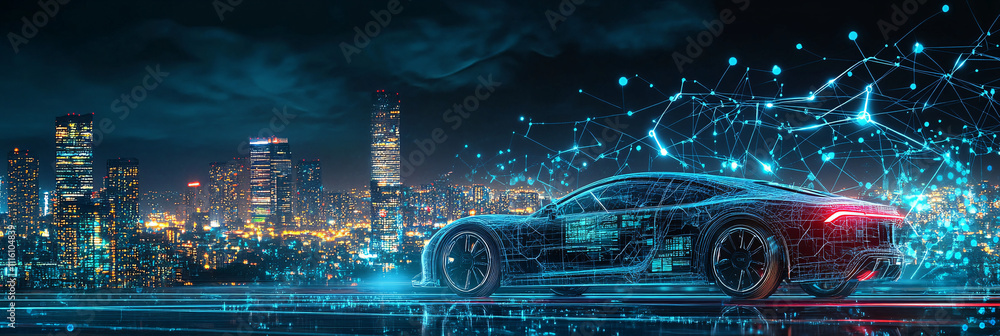 Aufkleber a cybernetic car icon with a futuristic city skyline in the background, connected to a web of data c