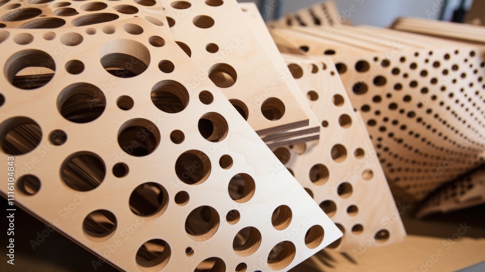 Aufkleber stack of perforated plywood with intricate hole patterns showcasing different angles in a well-lit w