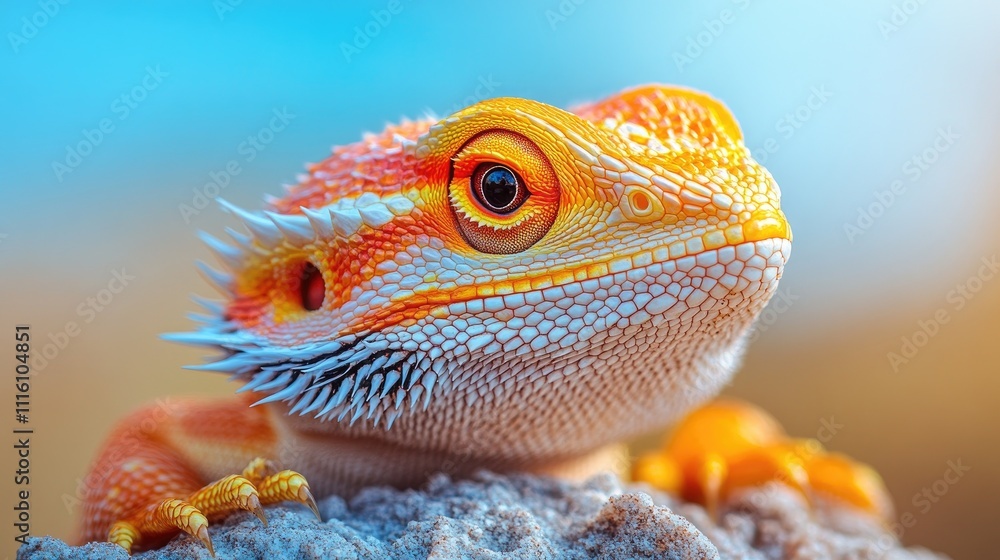 Poster close up portrait of a vibrant bearded dragon showcasing intricate scales and vivid colors in a natu
