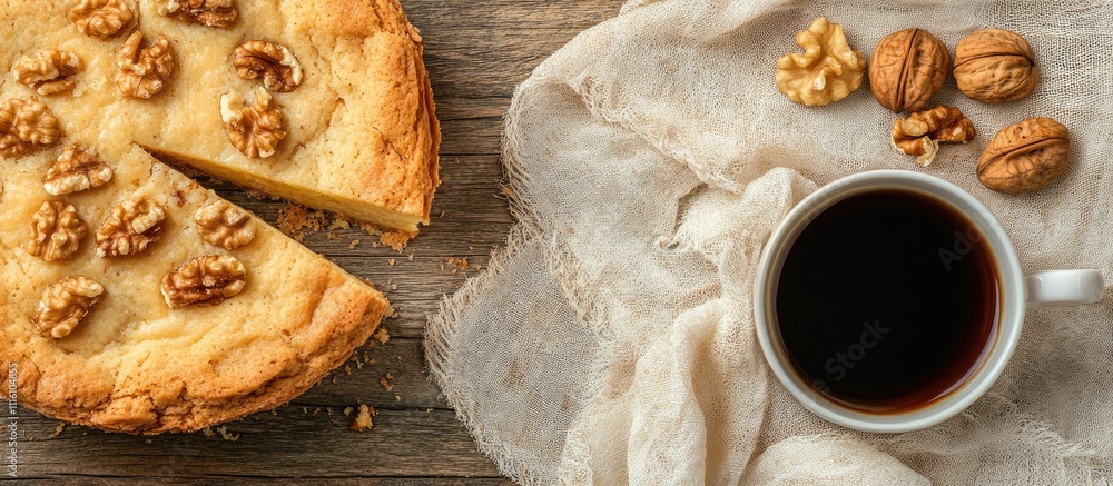 Aufkleber Breakfast spread featuring a cup of coffee, a slice of walnut cake, and whole walnuts on a rustic wooden table with a linen cloth.