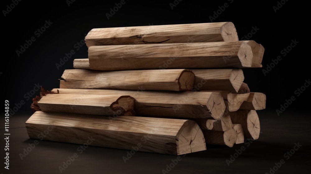 Poster stacked wooden logs and boards in a dark setting showcasing natural textures and shapes for rustic o
