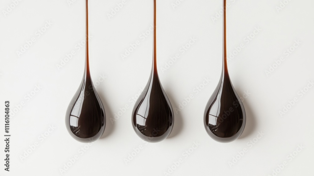 Poster chocolate syrup drops gracefully suspended against a clean white backdrop creating an elegant and ap