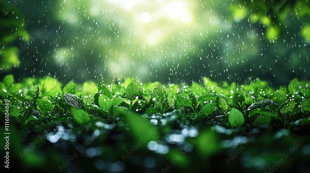 Poster lush green grass with glistening water droplets creating a serene and refreshing natural backdrop in