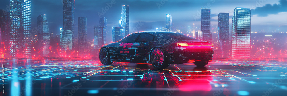 Poster a cybernetic car icon with a futuristic city skyline in the background, connected to a web of data c