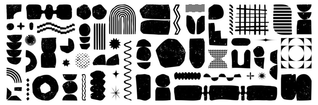 Set of black cut out paper shape with white noise texture. Vector naive art style elements for collage, poster or design template.