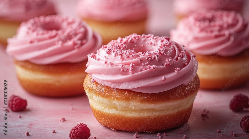 Aufkleber colorful donut with pink frosting and raspberry sprinkles against a soft pink background perfect for
