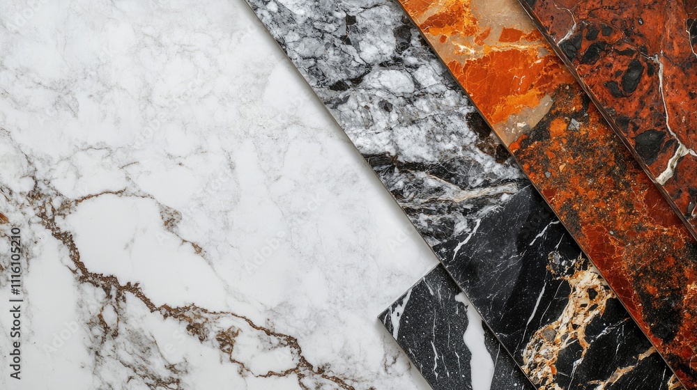 Poster stone tile samples in various colors and patterns arranged on a white background for design and reno