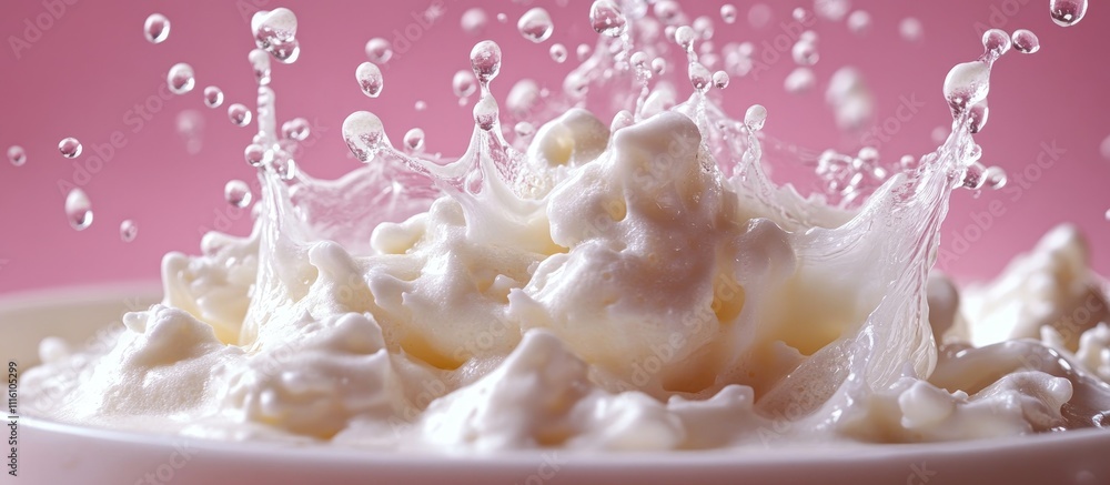 Poster creamy milk splash with a soft pink background creating a refreshing and appetizing visual for dairy