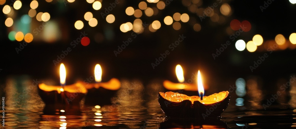 Aufkleber Floating Christmas candles in walnut shells creating a serene glow on water surface with blurred festive lights in the background