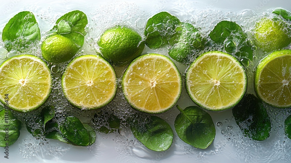 Poster Bergamot and lime slices arranged with fresh green leaves on a vibrant white background creating a refreshing and lively composition