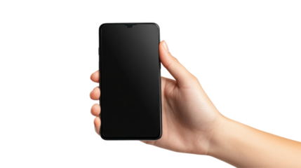 A hand holds a smartphone with a blank screen, suggesting readiness for use or interaction.