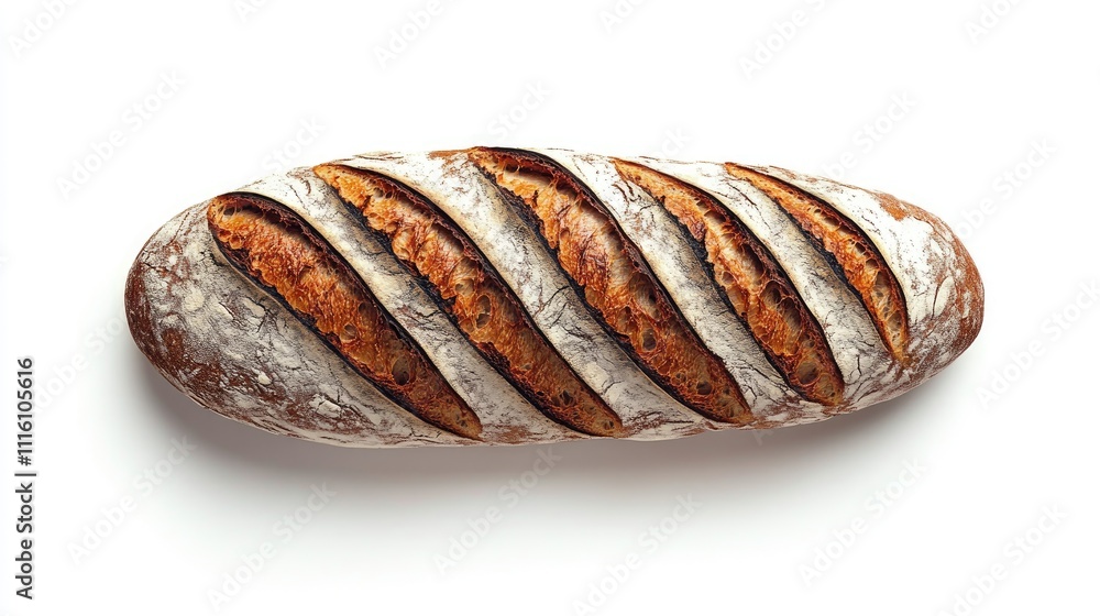 Poster artisan sliced wheat bread loaf with crusty texture against a clean white background perfect for bak