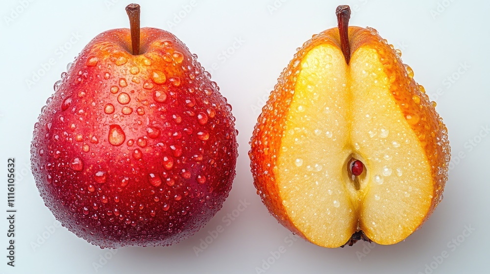 Poster freshly bitten red pear and halved apple with water droplets isolated on a white background showcasi