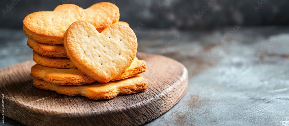 Poster heart-shaped biscuits stacked on a rustic cutting board against a textured background for bakery or 