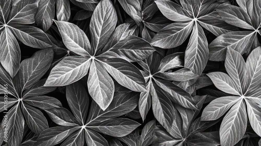 Poster monochrome background of textured geranium aralia leaves exhibiting intricate patterns and natural b