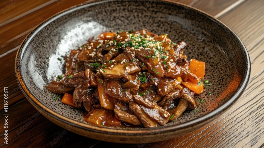 Poster canned mushrooms with carrots and onions served in a rustic ceramic bowl showcasing vibrant colors a