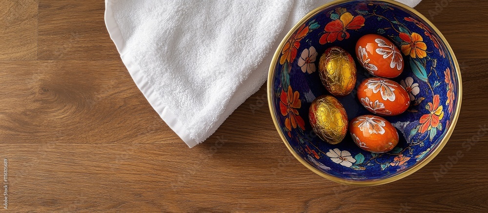 Aufkleber Colorful chocolate Easter eggs in a decorative bowl on a wooden table next to a white towel creating a festive spring atmosphere