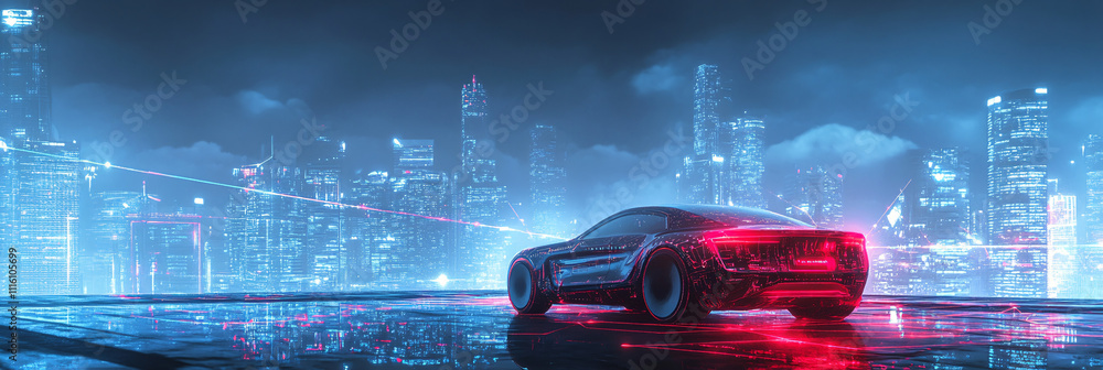 Poster a cybernetic car icon with a futuristic city skyline in the background, connected to a web of data c
