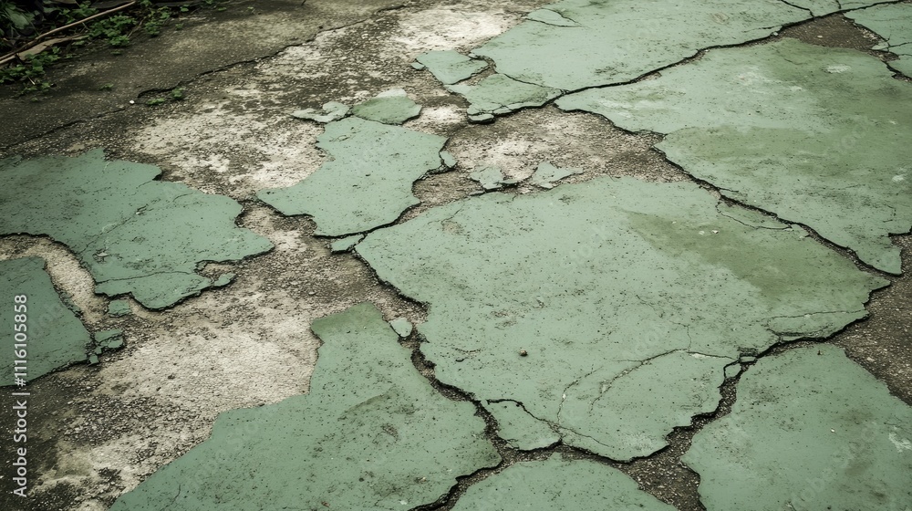 Poster weathered concrete floor with cracked and peeling old green paint showcasing rustic texture and aged