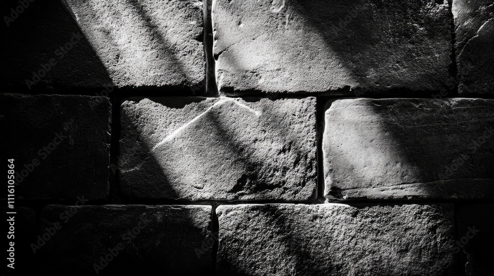 Aufkleber closeup of textured brick wall in shadows highlighting the rustic surface and dimension in black and