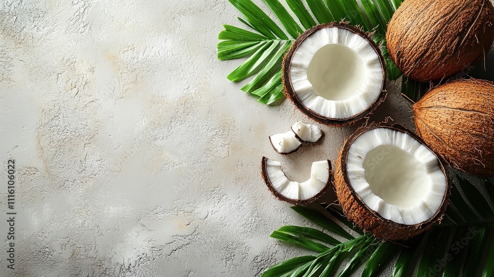 Poster coconuts and coconut slices arranged with green leaves on a textured background for product design o